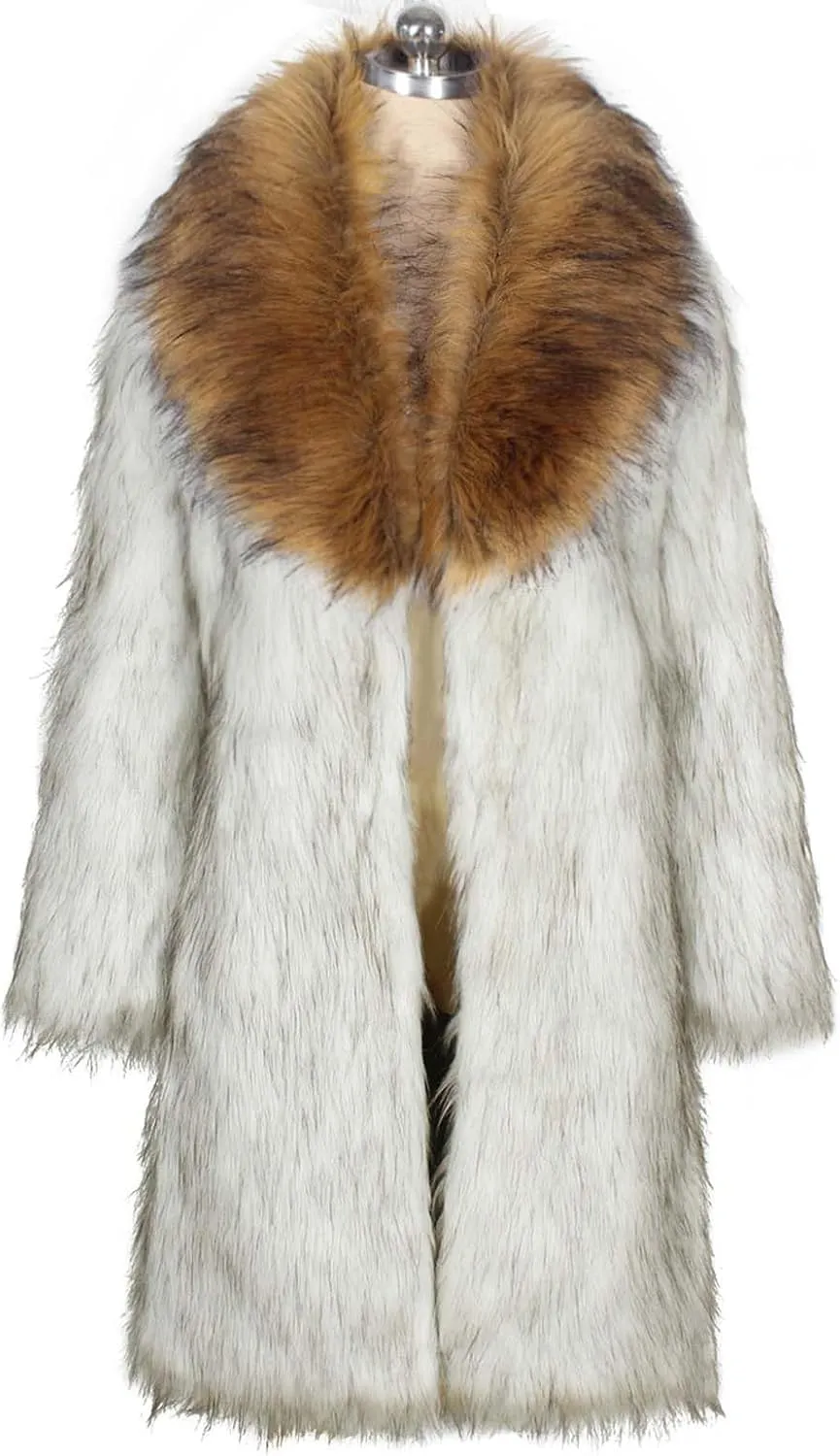 Long Faux Fur Coat for Women Winter Fashion Luxury Cardigan Fluffy Shawl Lapel Knee Length Outerwear Overcoat