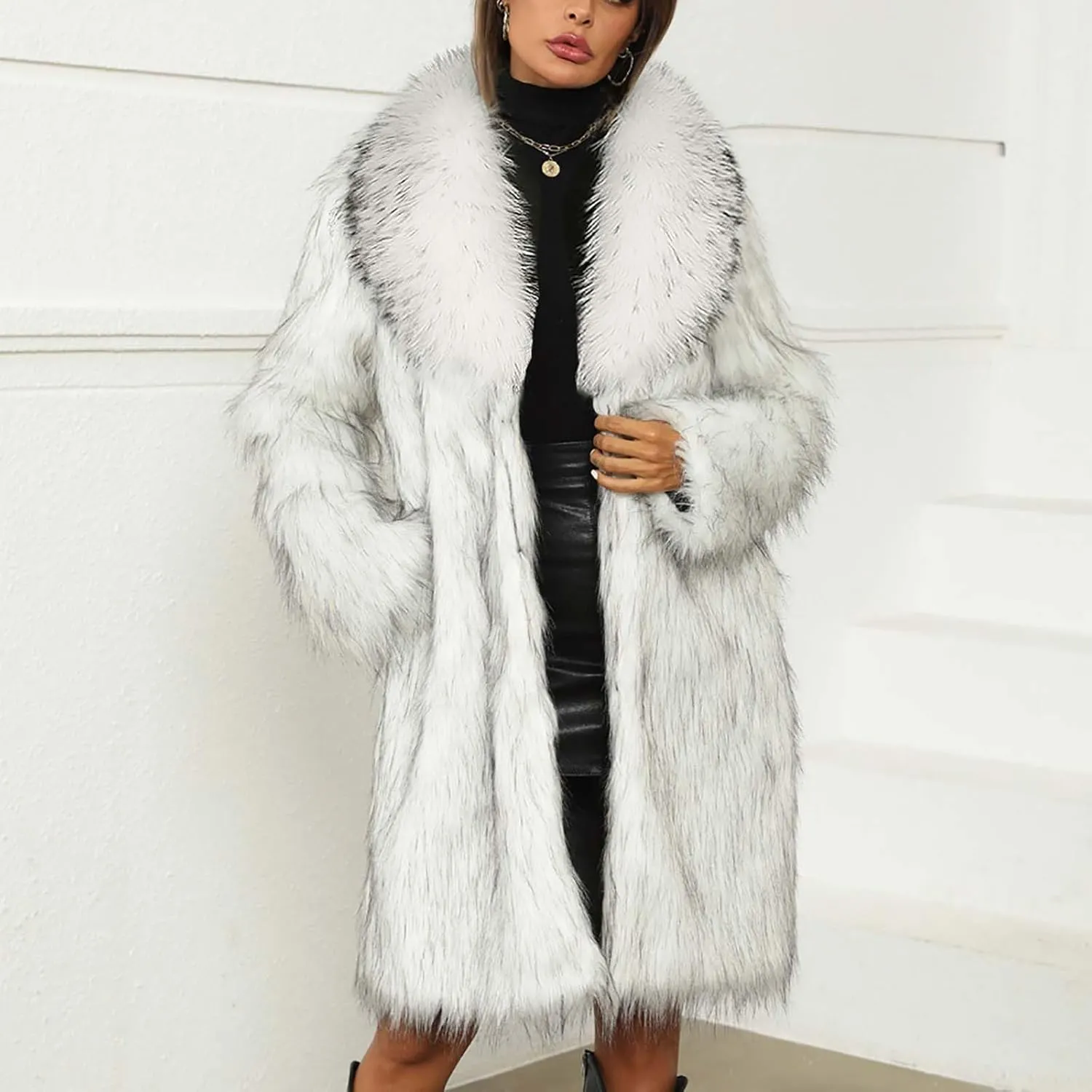Long Faux Fur Coat for Women Winter Fashion Luxury Cardigan Fluffy Shawl Lapel Knee Length Outerwear Overcoat