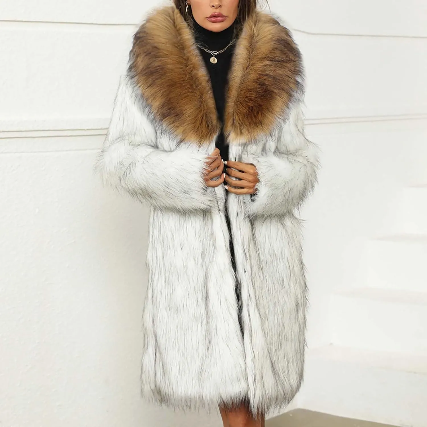 Long Faux Fur Coat for Women Winter Fashion Luxury Cardigan Fluffy Shawl Lapel Knee Length Outerwear Overcoat