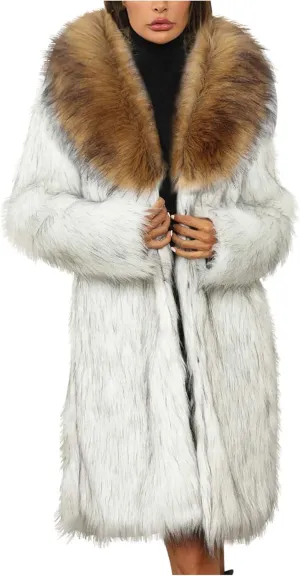 Long Faux Fur Coat for Women Winter Fashion Luxury Cardigan Fluffy Shawl Lapel Knee Length Outerwear Overcoat