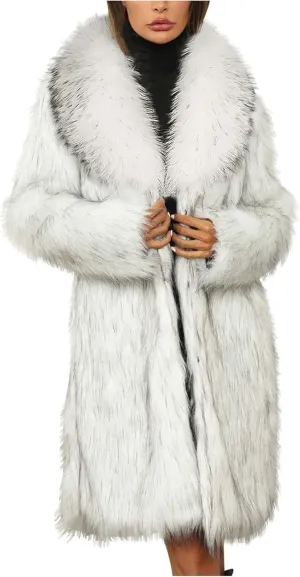 Long Faux Fur Coat for Women Winter Fashion Luxury Cardigan Fluffy Shawl Lapel Knee Length Outerwear Overcoat