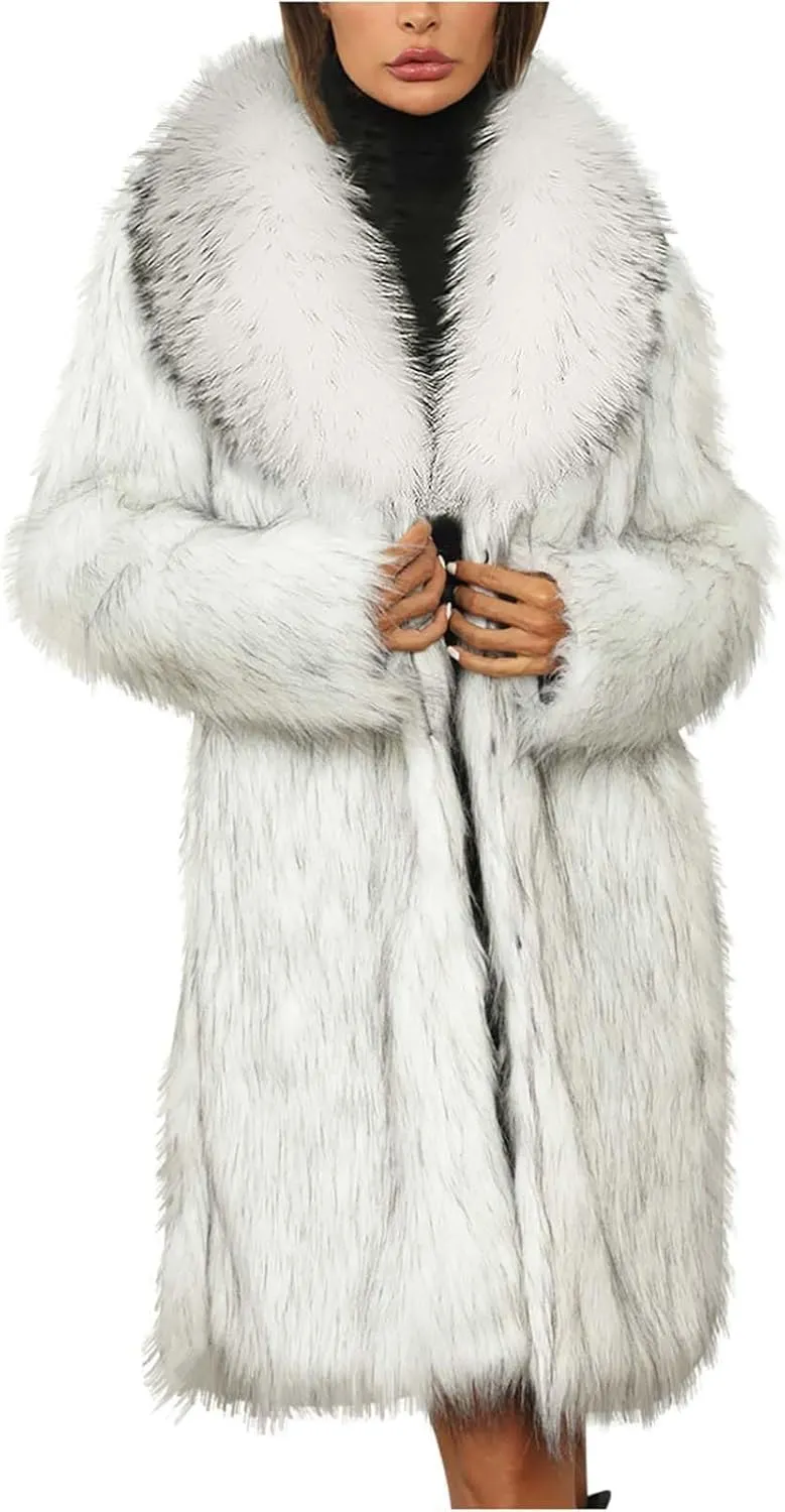 Long Faux Fur Coat for Women Winter Fashion Luxury Cardigan Fluffy Shawl Lapel Knee Length Outerwear Overcoat