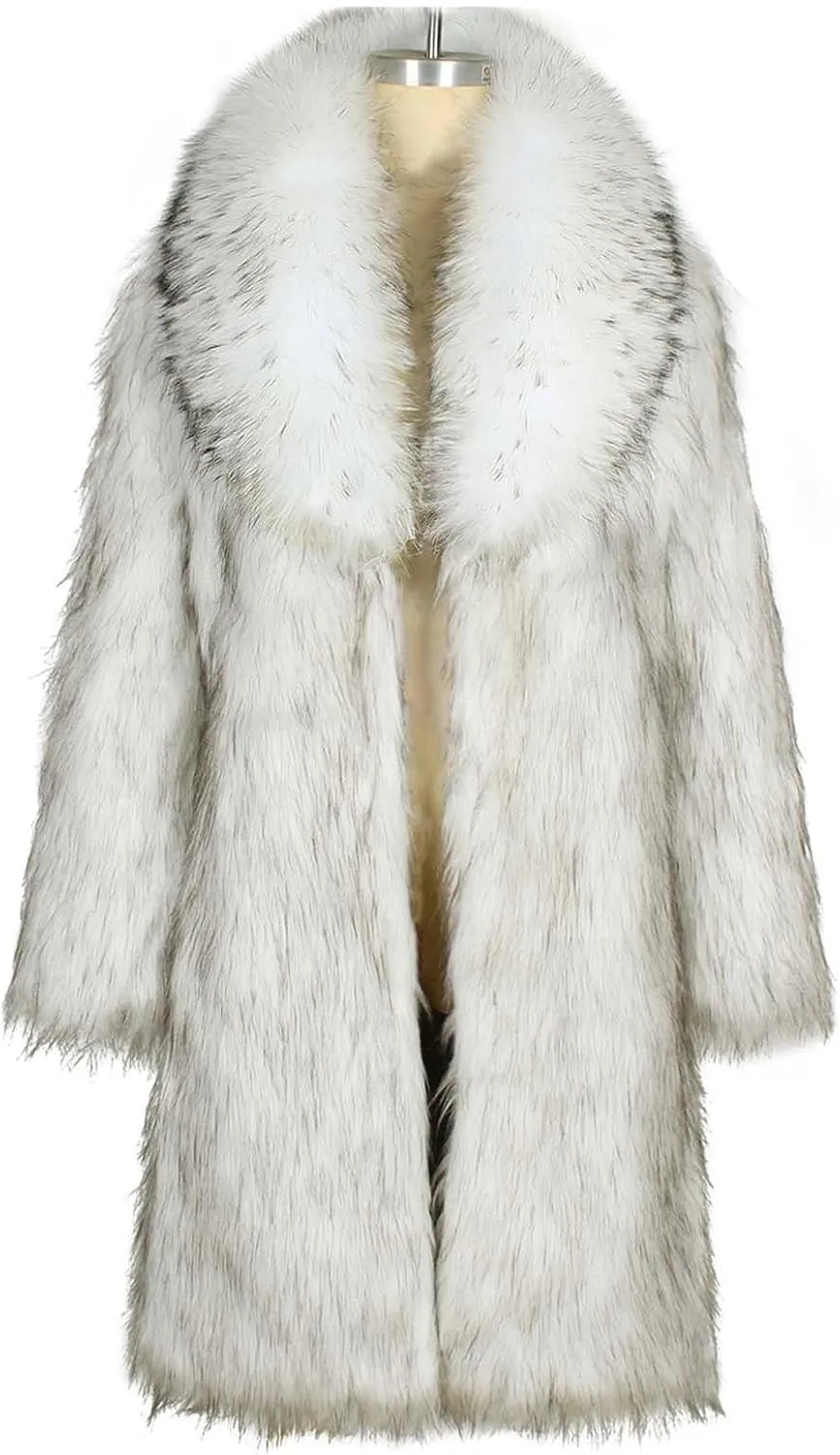 Long Faux Fur Coat for Women Winter Fashion Luxury Cardigan Fluffy Shawl Lapel Knee Length Outerwear Overcoat