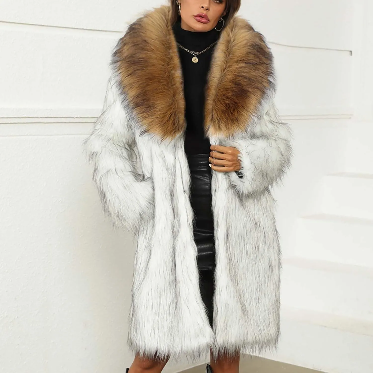 Long Faux Fur Coat for Women Winter Fashion Luxury Cardigan Fluffy Shawl Lapel Knee Length Outerwear Overcoat
