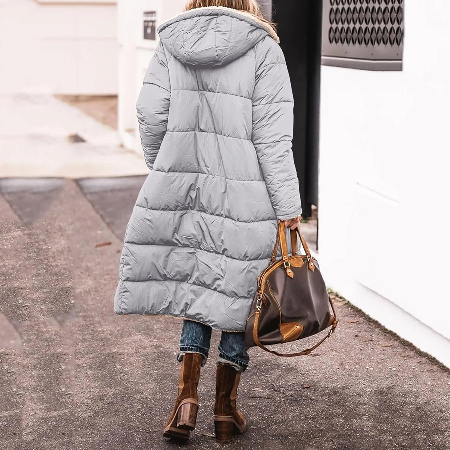 Long Fleece Jacket Women Winter Warm Reversible Puffer Coat Sherpa Padded Down Jackets Oversized Hooded Coats with Zipper