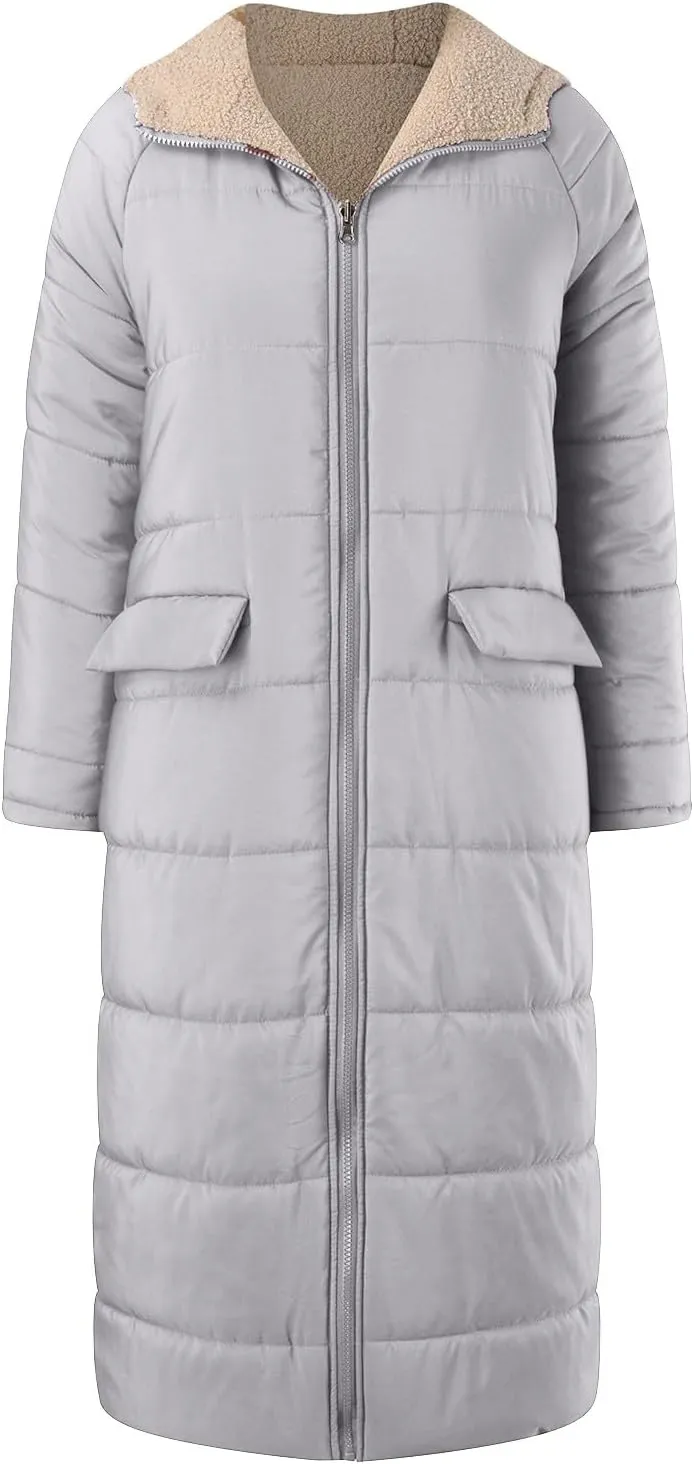 Long Fleece Jacket Women Winter Warm Reversible Puffer Coat Sherpa Padded Down Jackets Oversized Hooded Coats with Zipper