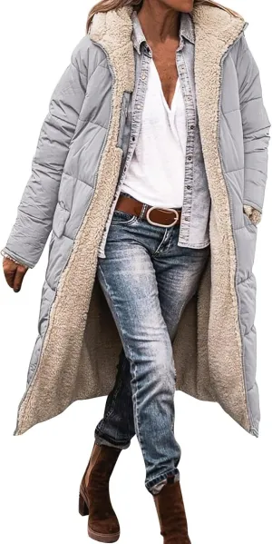 Long Fleece Jacket Women Winter Warm Reversible Puffer Coat Sherpa Padded Down Jackets Oversized Hooded Coats with Zipper