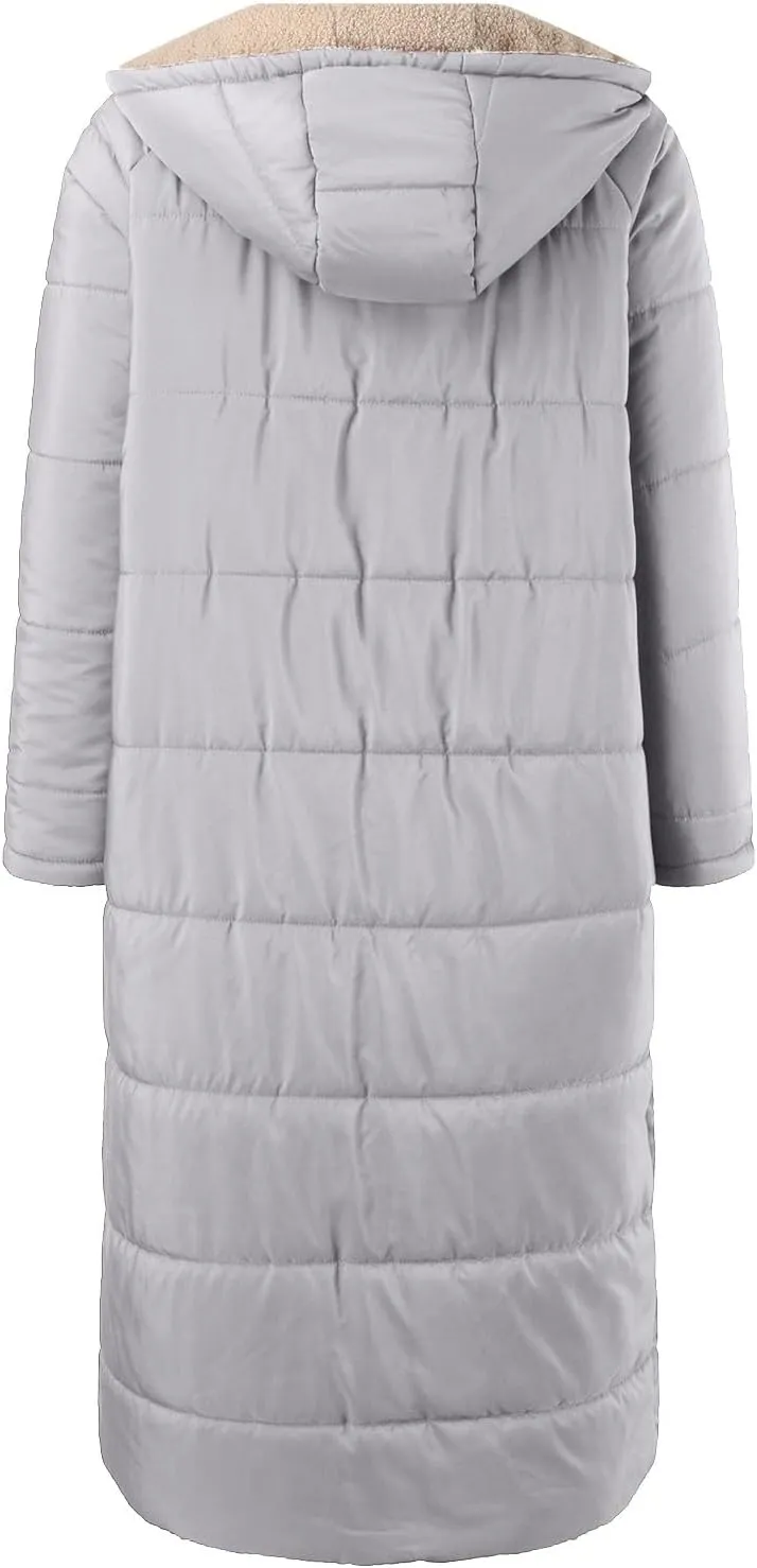 Long Fleece Jacket Women Winter Warm Reversible Puffer Coat Sherpa Padded Down Jackets Oversized Hooded Coats with Zipper