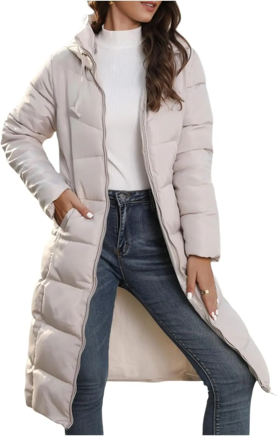Long Puffer Coat Women Winter Hooded Long Quilted Puffy Trench Coat Zip Up Padded Down Jacket Outerwear with Pockets