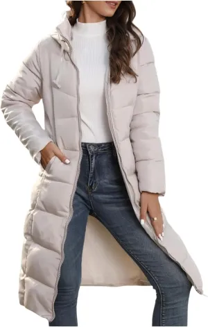 Long Puffer Coat Women Winter Hooded Long Quilted Puffy Trench Coat Zip Up Padded Down Jacket Outerwear with Pockets