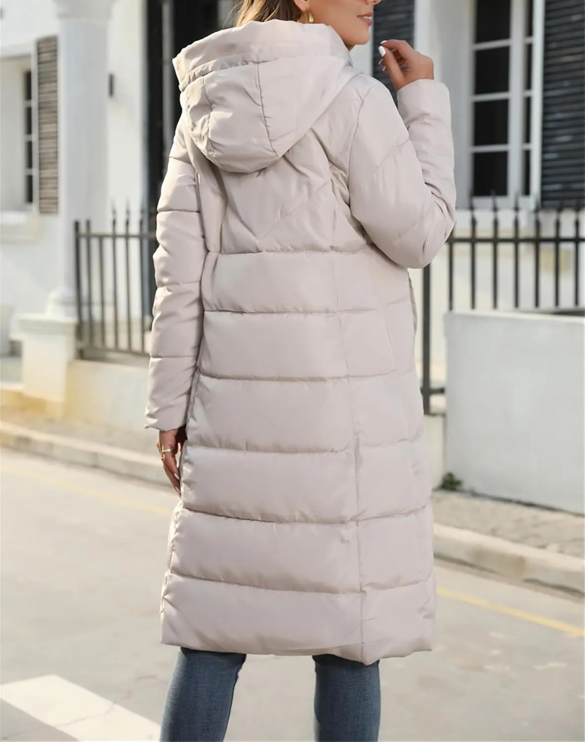 Long Puffer Coat Women Winter Hooded Long Quilted Puffy Trench Coat Zip Up Padded Down Jacket Outerwear with Pockets