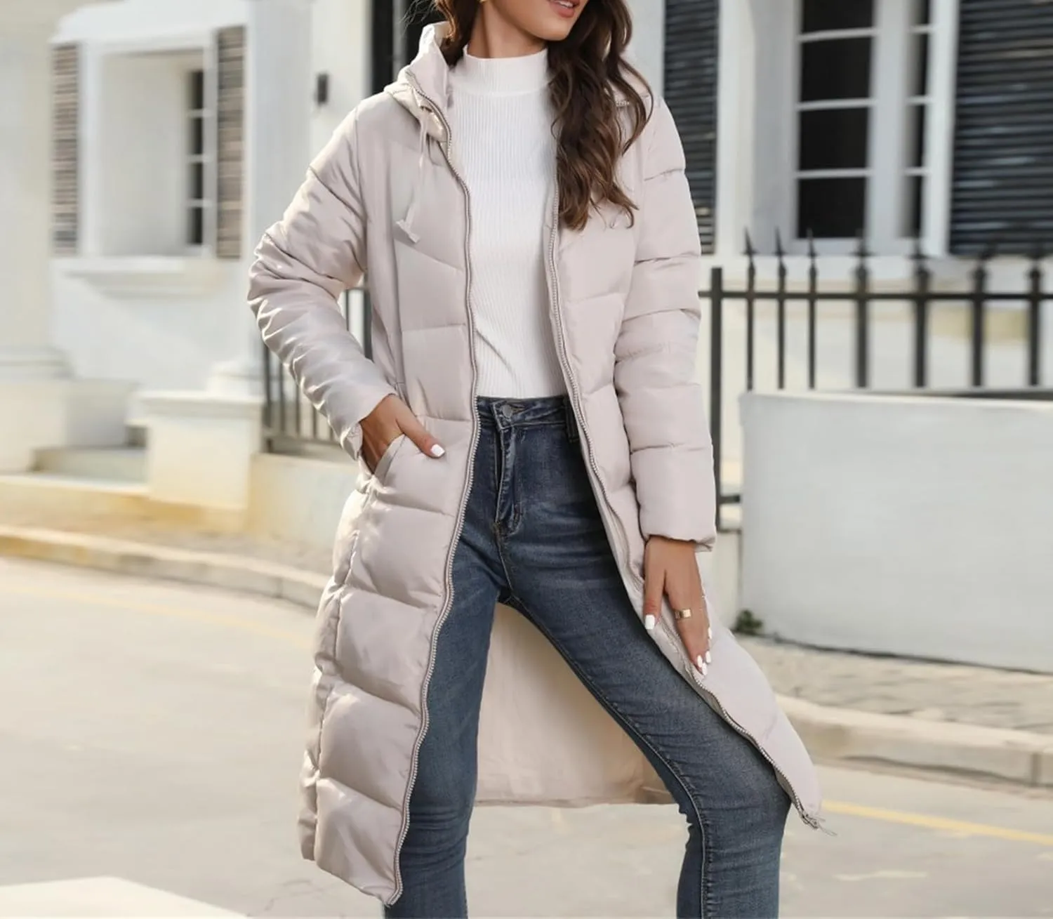 Long Puffer Coat Women Winter Hooded Long Quilted Puffy Trench Coat Zip Up Padded Down Jacket Outerwear with Pockets