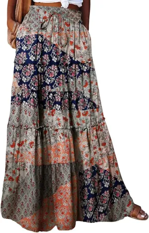 Long Skirts for Women Boho Floral High Waisted Casual A Line Skirt Pleated Beach Flowy Swing Maxi Skirts