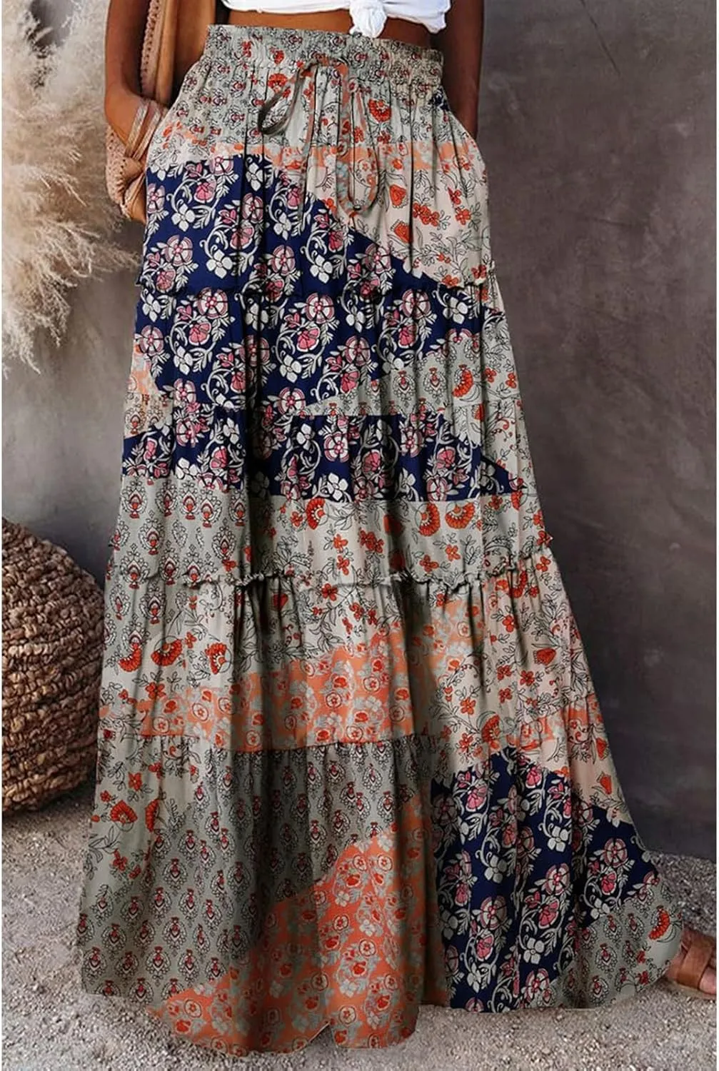 Long Skirts for Women Boho Floral High Waisted Casual A Line Skirt Pleated Beach Flowy Swing Maxi Skirts