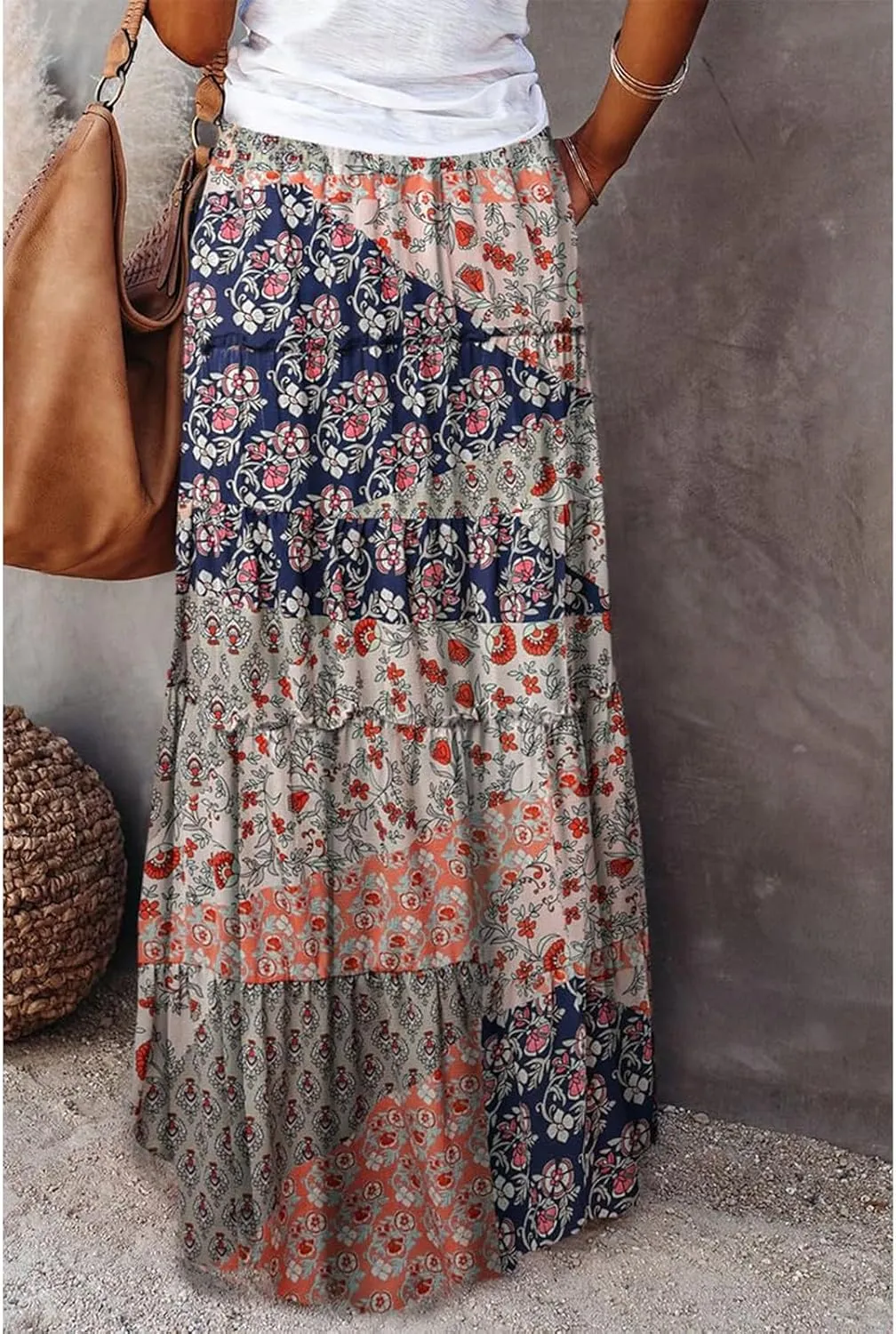 Long Skirts for Women Boho Floral High Waisted Casual A Line Skirt Pleated Beach Flowy Swing Maxi Skirts