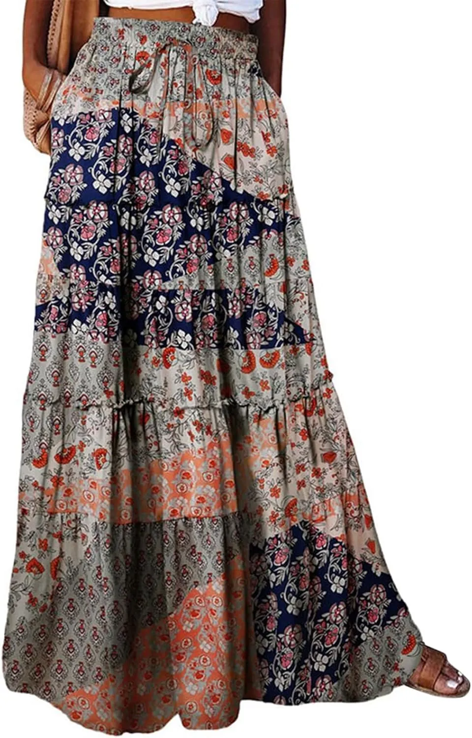 Long Skirts for Women Boho Floral High Waisted Casual A Line Skirt Pleated Beach Flowy Swing Maxi Skirts