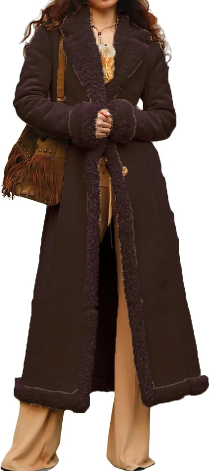 Long Winter Coats for Women Faux Suede Leather Shearing Jacket Fuzzy Sherpa Lined Trench Coat Business Casual Overcoat