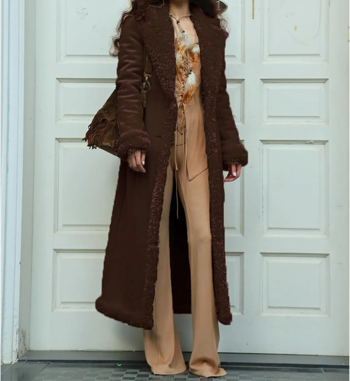 Long Winter Coats for Women Faux Suede Leather Shearing Jacket Fuzzy Sherpa Lined Trench Coat Business Casual Overcoat