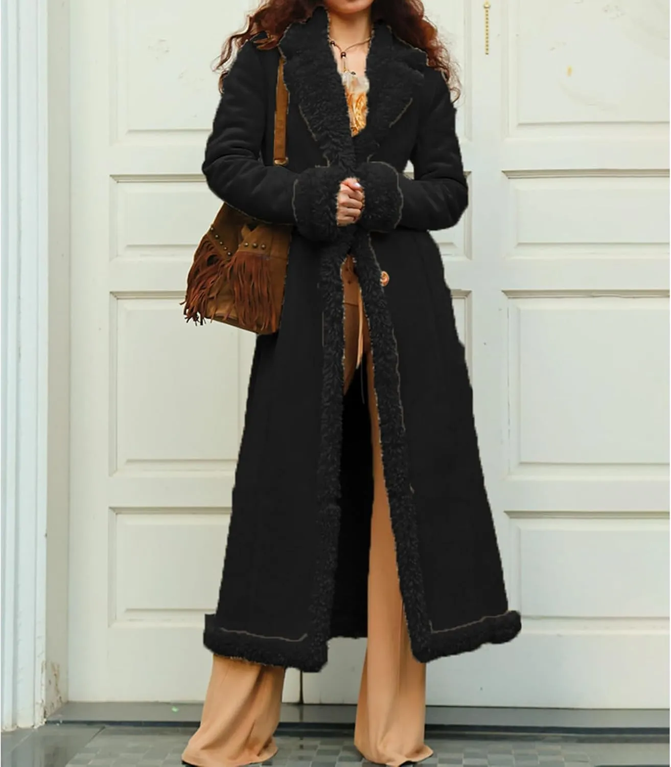 Long Winter Coats for Women Faux Suede Leather Shearing Jacket Fuzzy Sherpa Lined Trench Coat Business Casual Overcoat