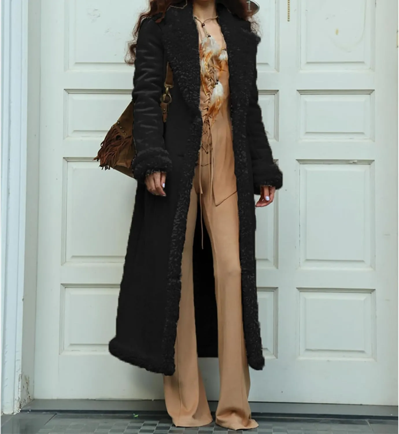 Long Winter Coats for Women Faux Suede Leather Shearing Jacket Fuzzy Sherpa Lined Trench Coat Business Casual Overcoat