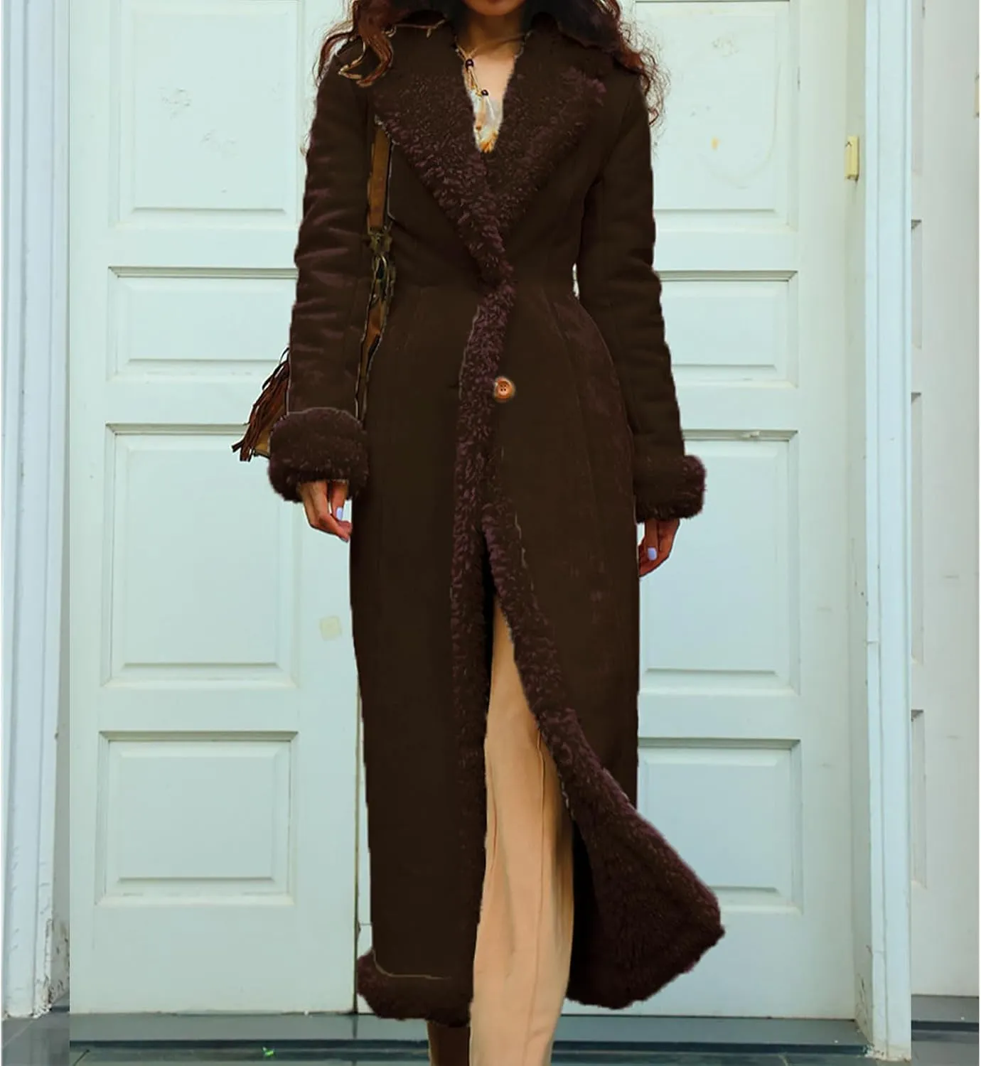 Long Winter Coats for Women Faux Suede Leather Shearing Jacket Fuzzy Sherpa Lined Trench Coat Business Casual Overcoat