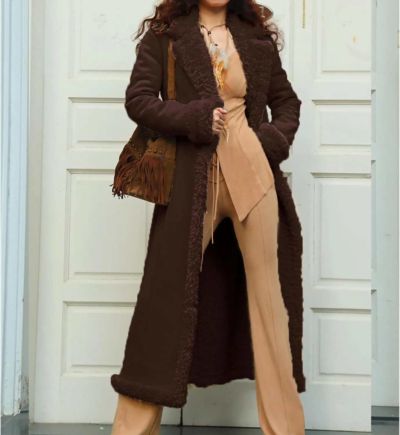 Long Winter Coats for Women Faux Suede Leather Shearing Jacket Fuzzy Sherpa Lined Trench Coat Business Casual Overcoat