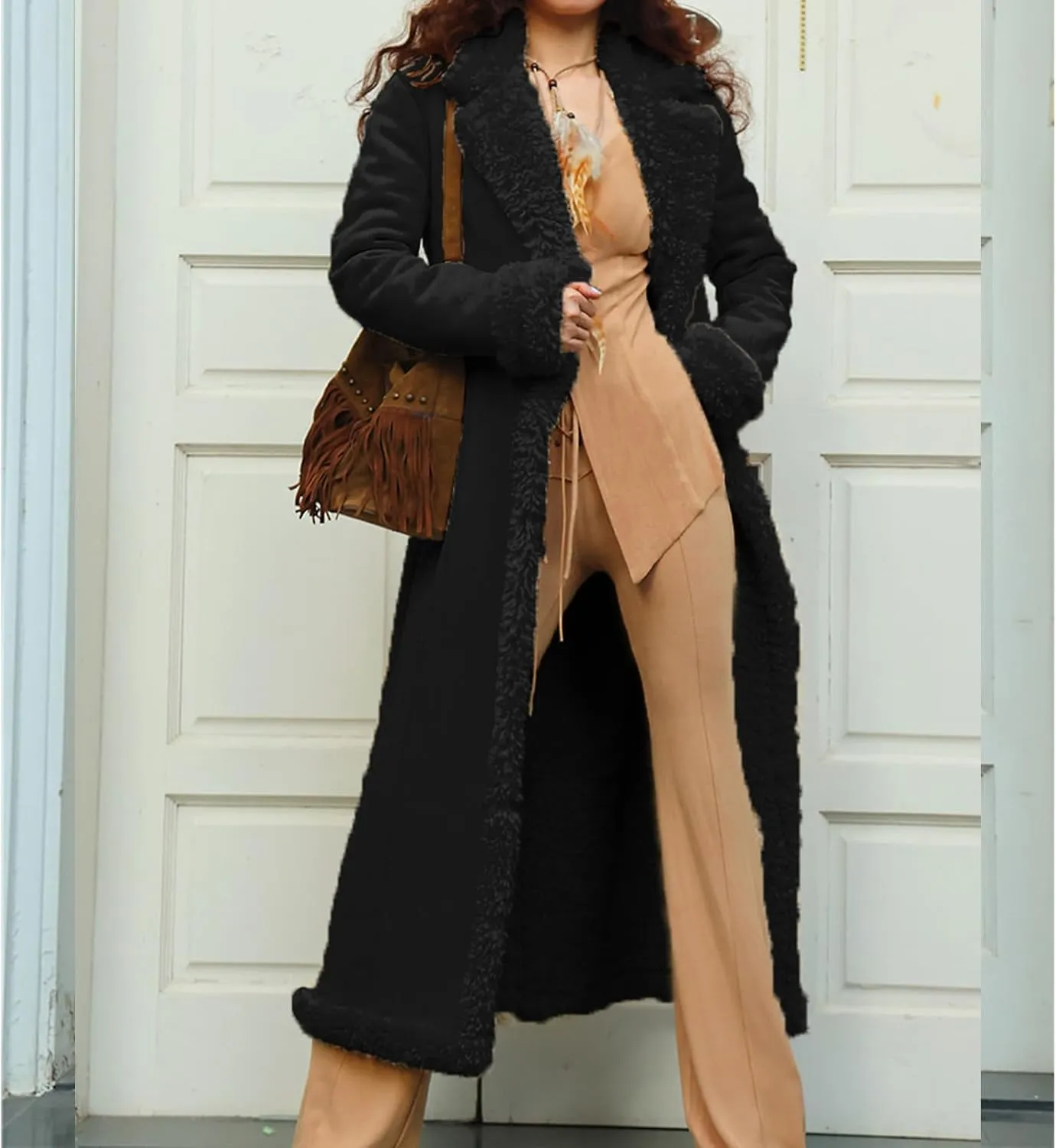Long Winter Coats for Women Faux Suede Leather Shearing Jacket Fuzzy Sherpa Lined Trench Coat Business Casual Overcoat