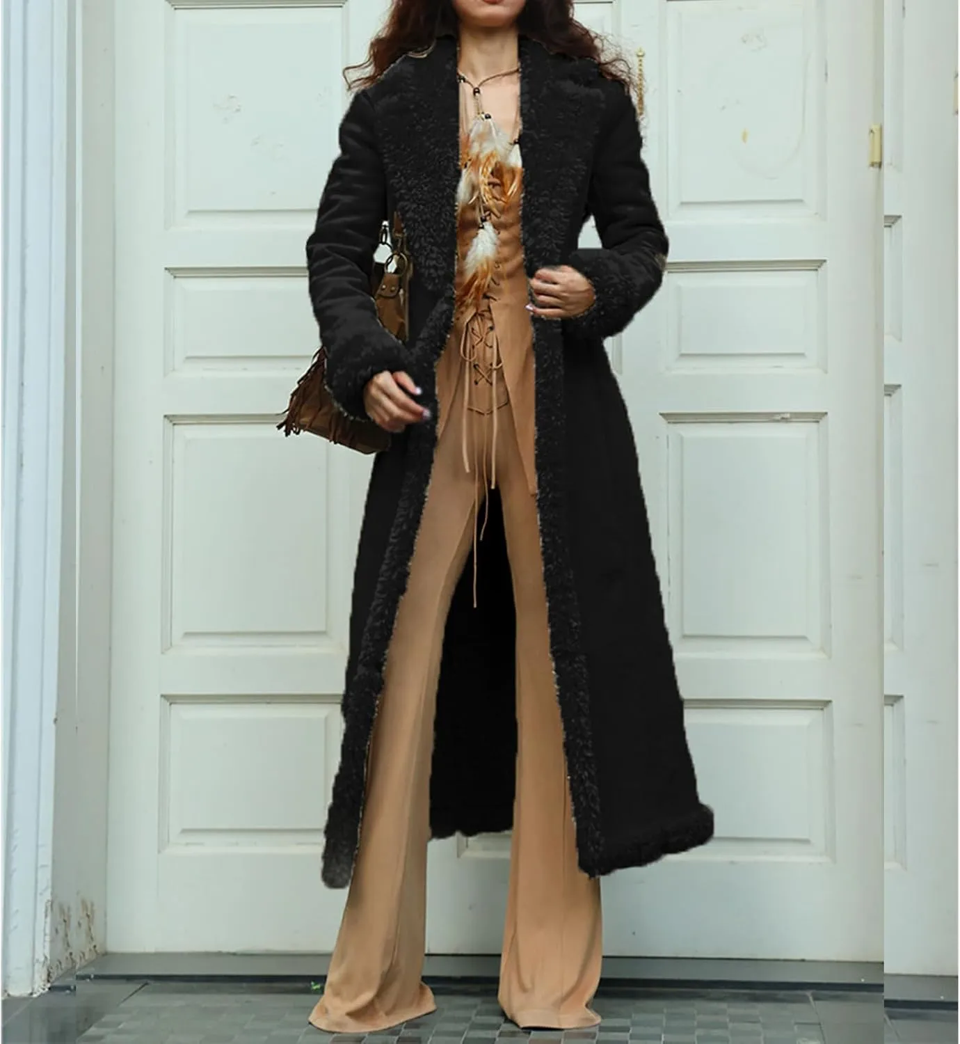 Long Winter Coats for Women Faux Suede Leather Shearing Jacket Fuzzy Sherpa Lined Trench Coat Business Casual Overcoat