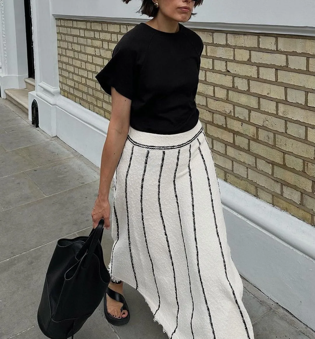 LOUSEA women's striped high waisted maxi skirt rib knit long skirt with fringe A-line pleated midi skirt ankle length 0613