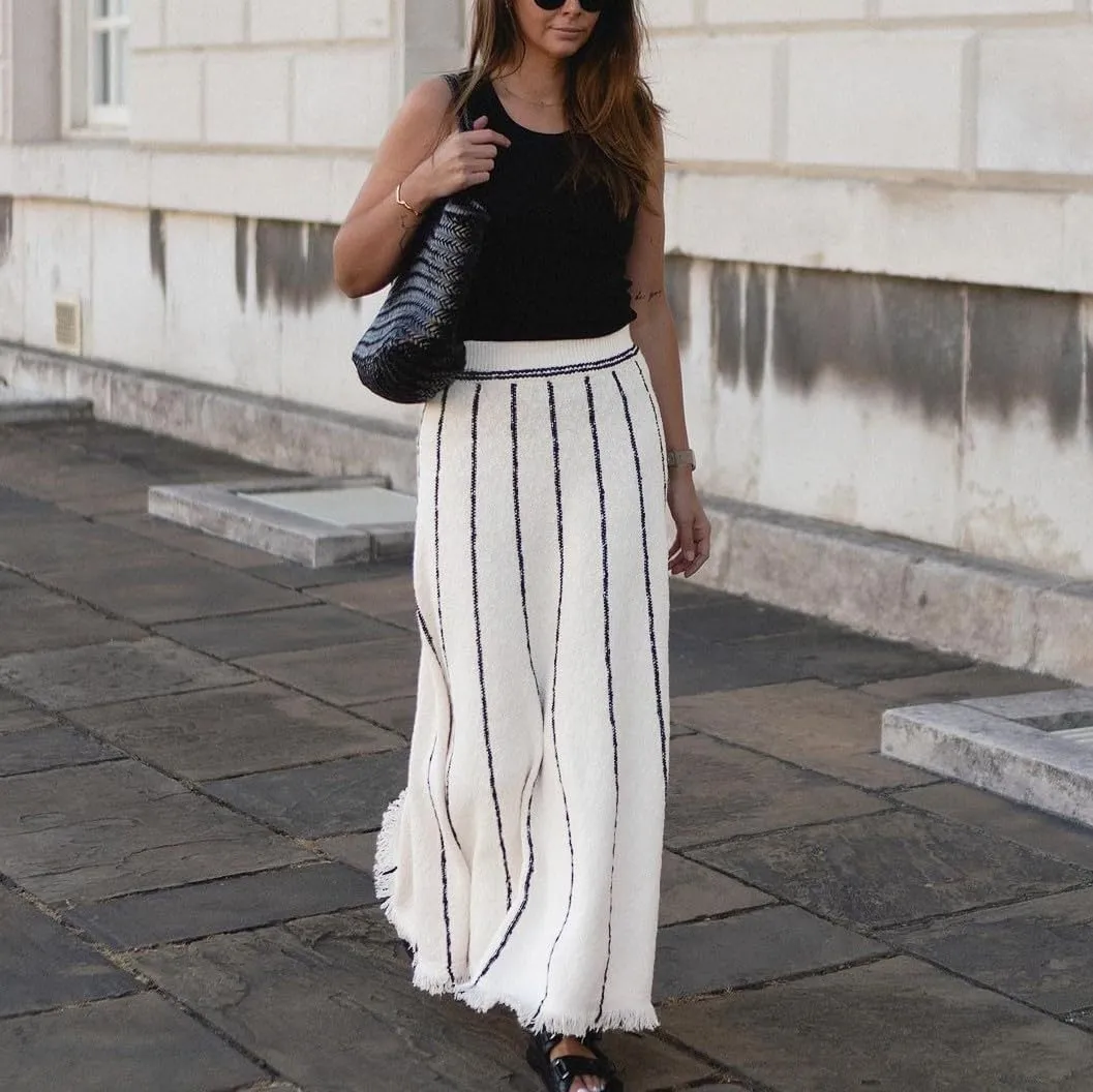LOUSEA women's striped high waisted maxi skirt rib knit long skirt with fringe A-line pleated midi skirt ankle length 0613