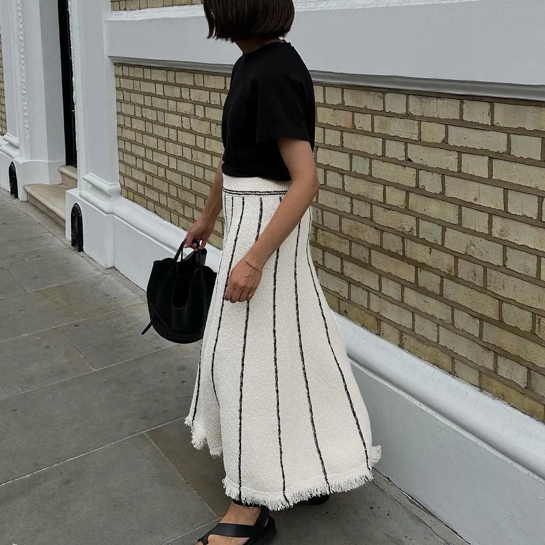 LOUSEA women's striped high waisted maxi skirt rib knit long skirt with fringe A-line pleated midi skirt ankle length 0613