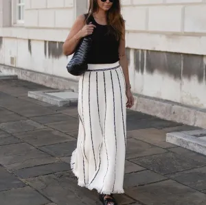 LOUSEA women's striped high waisted maxi skirt rib knit long skirt with fringe A-line pleated midi skirt ankle length 0613