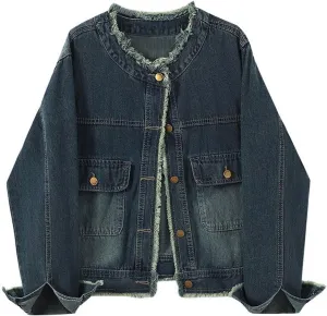 loveimgs Women Casual Distressed Jean Jacket Button Down Round Neck Denim Jacket Western Shacket Boyfriend Fall Jacket
