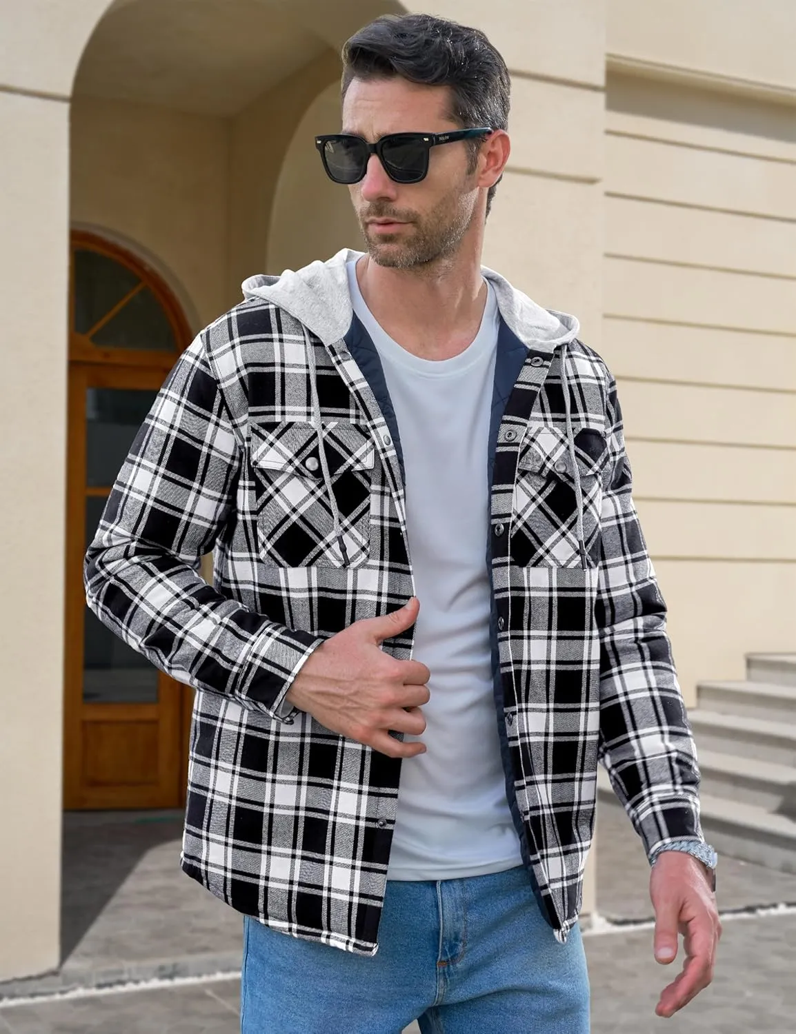 MAGCOMSEN Men's Quilted Lined Flannel Hoodie Jacket Cotton Button Down Shirt Jacket Long Sleeve Plaid Shirt Shacket