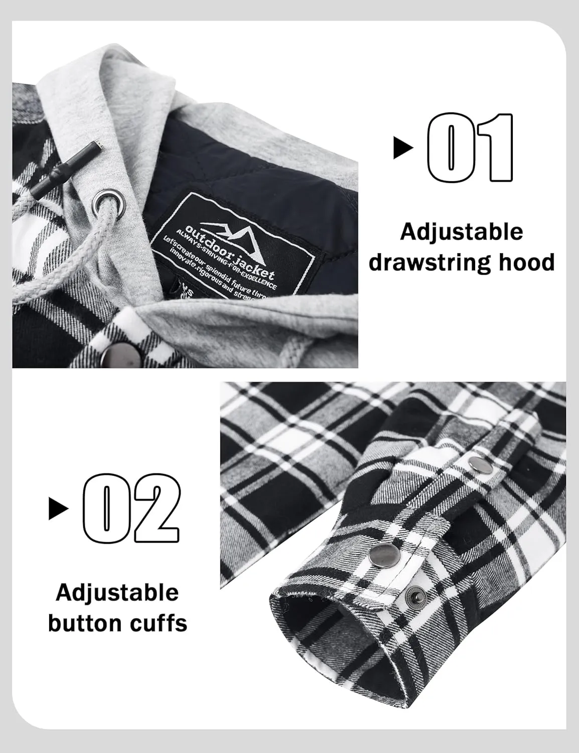 MAGCOMSEN Men's Quilted Lined Flannel Hoodie Jacket Cotton Button Down Shirt Jacket Long Sleeve Plaid Shirt Shacket