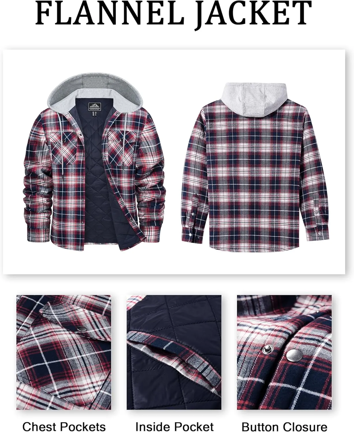 MAGCOMSEN Men's Quilted Lined Flannel Hoodie Jacket Cotton Button Down Shirt Jacket Long Sleeve Plaid Shirt Shacket