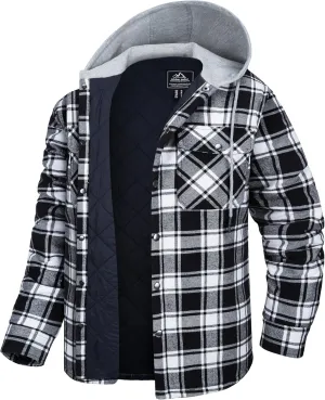 MAGCOMSEN Men's Quilted Lined Flannel Hoodie Jacket Cotton Button Down Shirt Jacket Long Sleeve Plaid Shirt Shacket