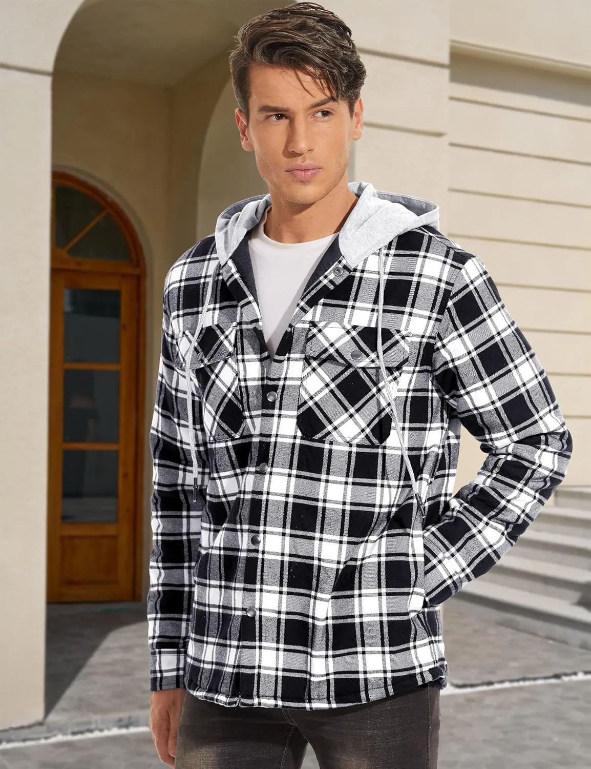 MAGCOMSEN Men's Quilted Lined Flannel Hoodie Jacket Cotton Button Down Shirt Jacket Long Sleeve Plaid Shirt Shacket