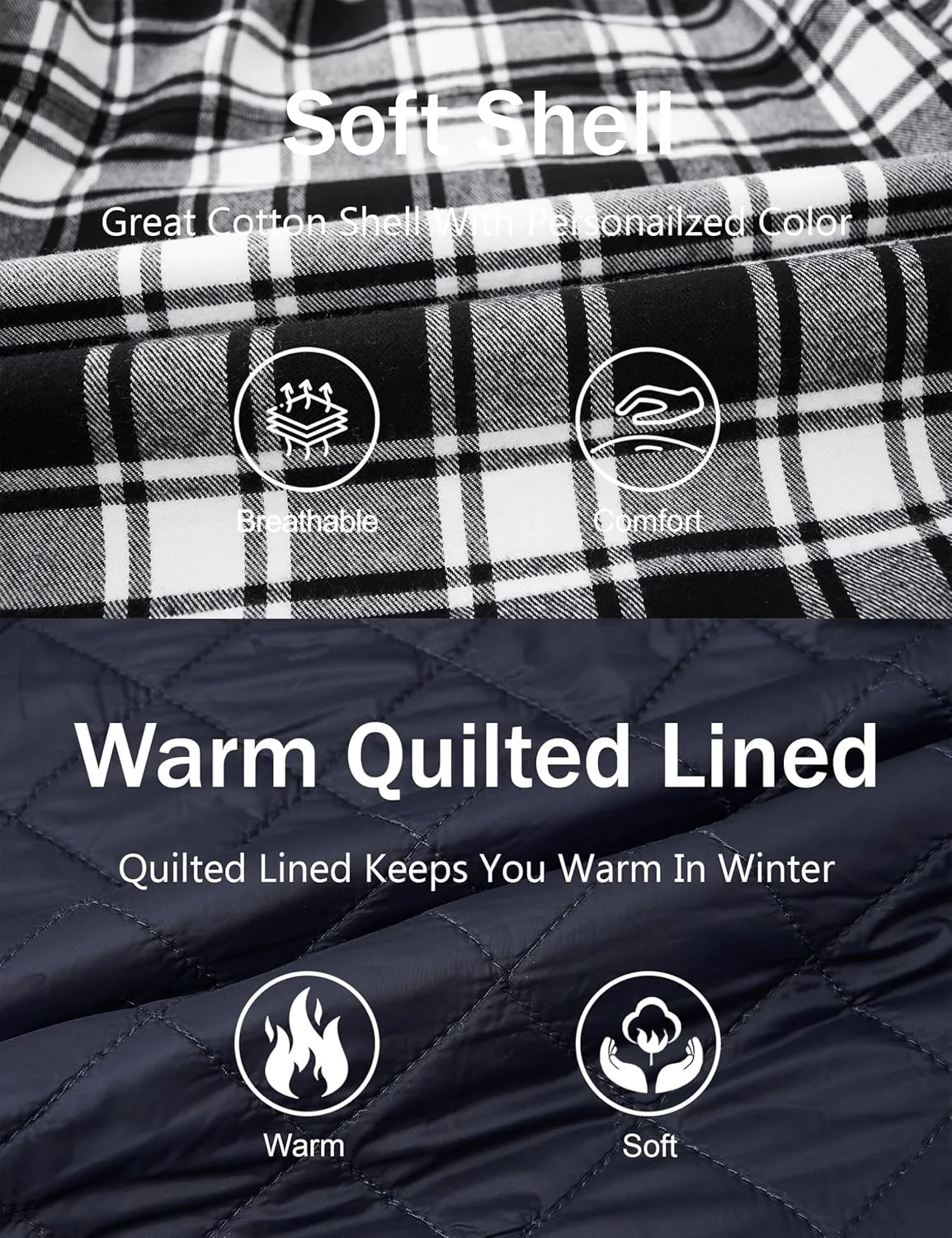 MAGCOMSEN Men's Quilted Lined Flannel Hoodie Jacket Cotton Button Down Shirt Jacket Long Sleeve Plaid Shirt Shacket