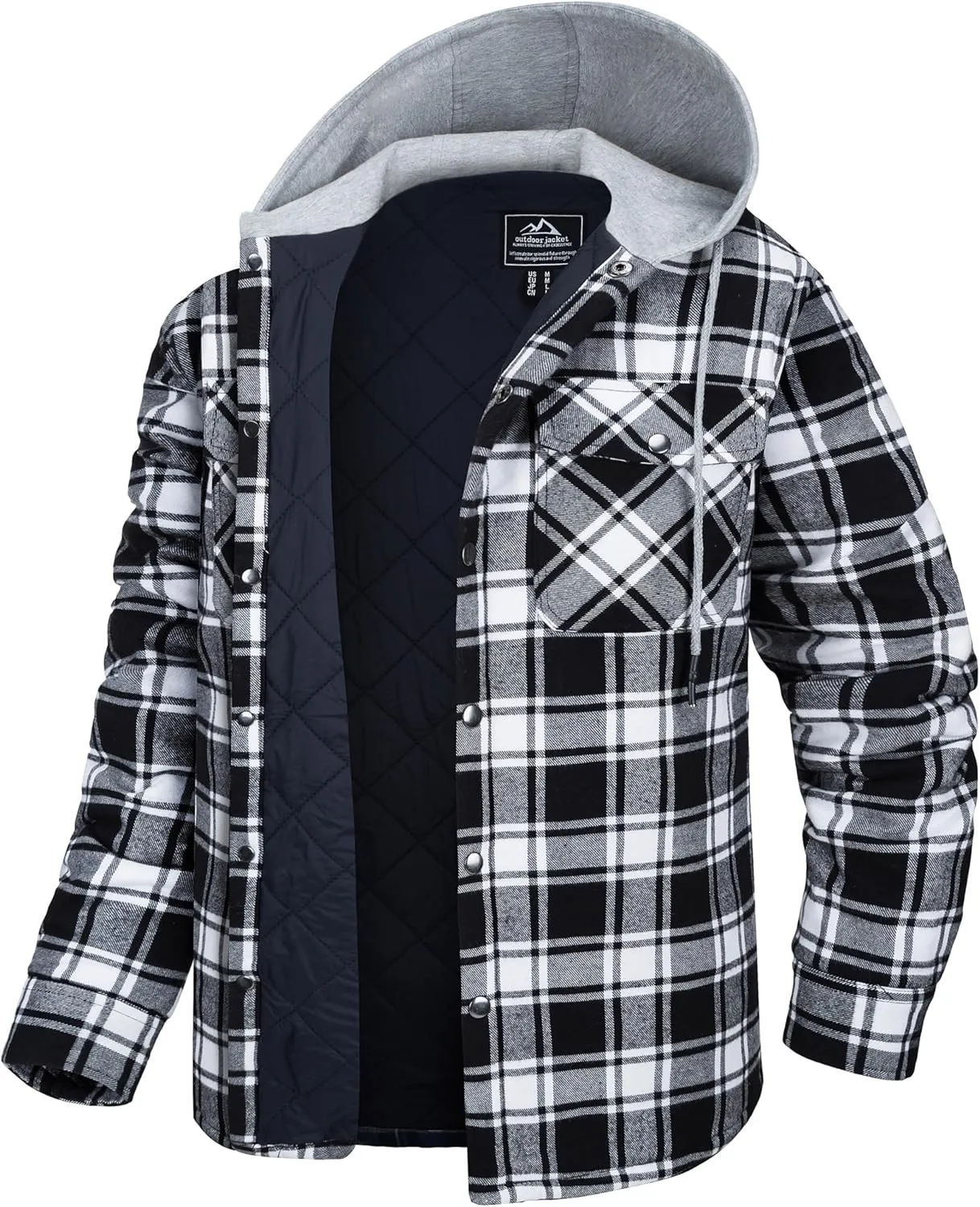 MAGCOMSEN Men's Quilted Lined Flannel Hoodie Jacket Cotton Button Down Shirt Jacket Long Sleeve Plaid Shirt Shacket