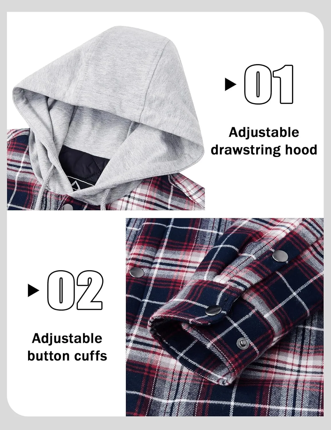 MAGCOMSEN Men's Quilted Lined Flannel Hoodie Jacket Cotton Button Down Shirt Jacket Long Sleeve Plaid Shirt Shacket