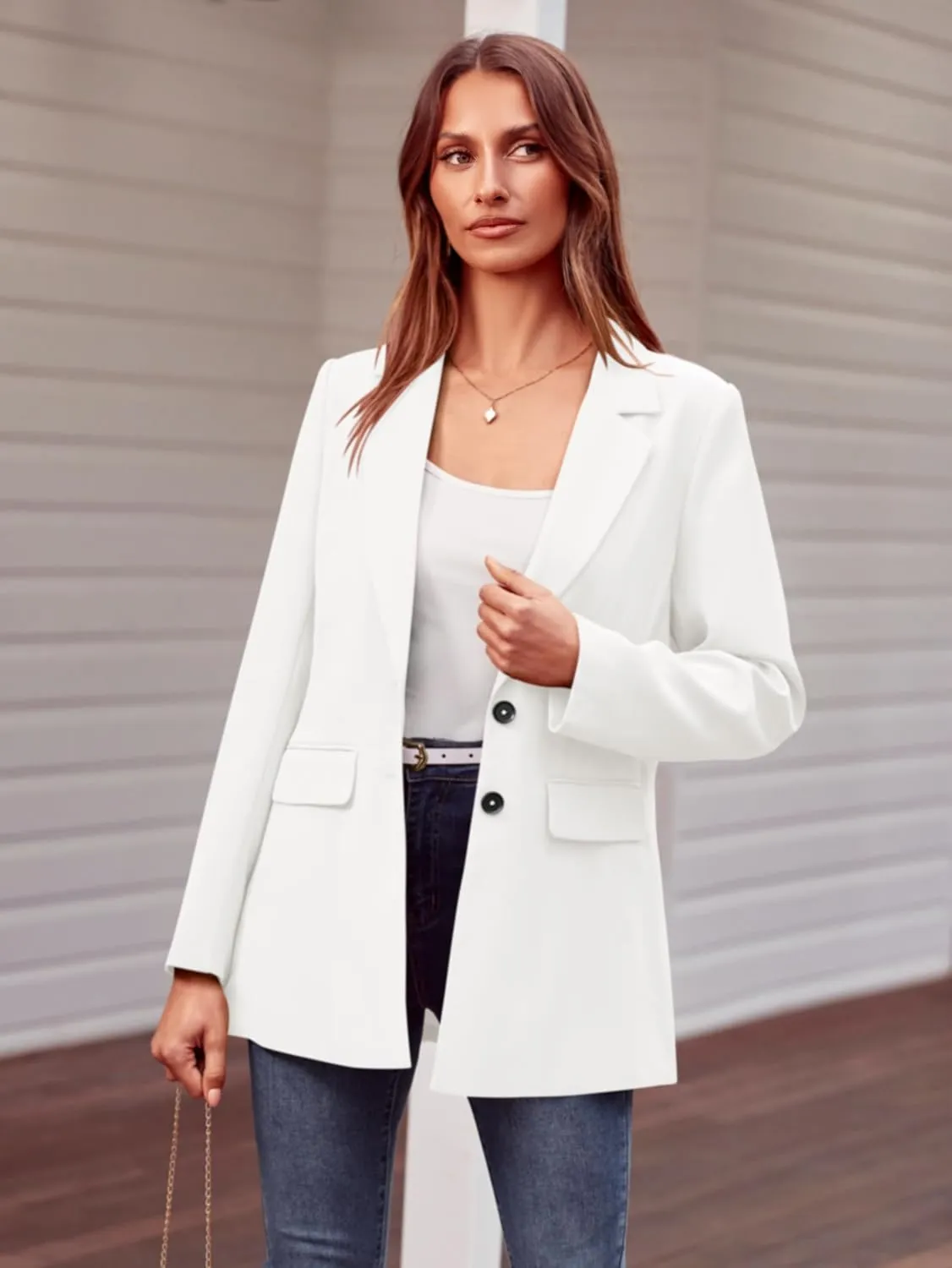 MASCOMODA Casual Blazer Jackets for Women 2024 Fall Long Sleeve Open Front Button Work Office Suit Jacket with Pockets