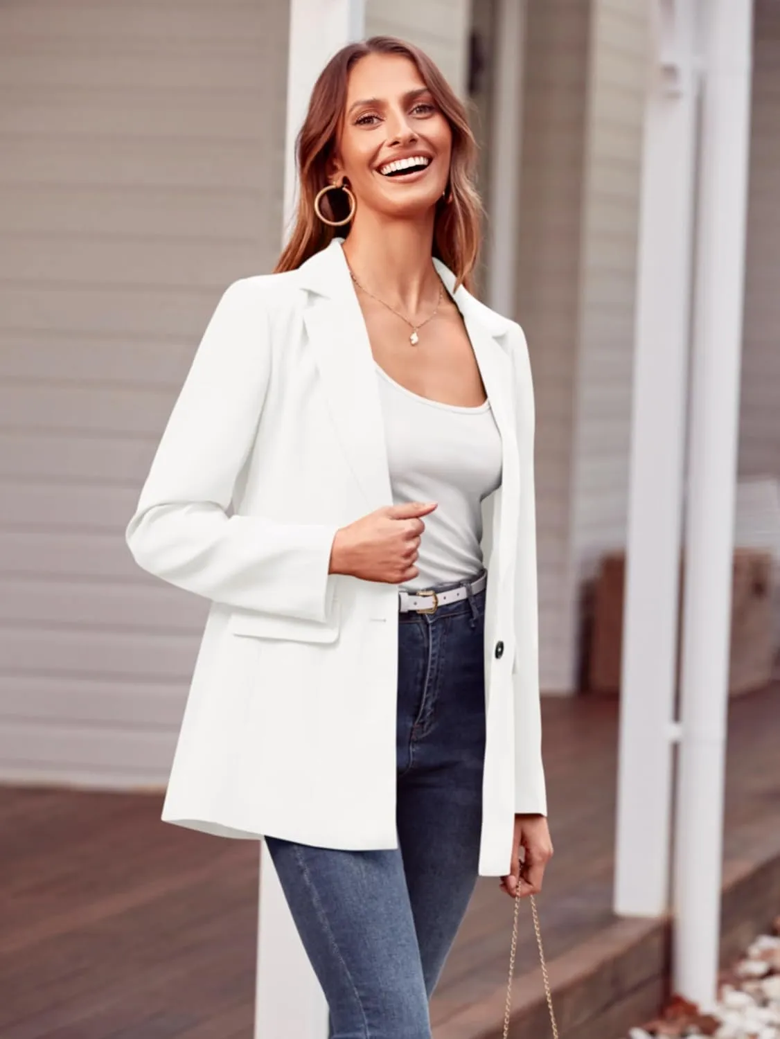 MASCOMODA Casual Blazer Jackets for Women 2024 Fall Long Sleeve Open Front Button Work Office Suit Jacket with Pockets