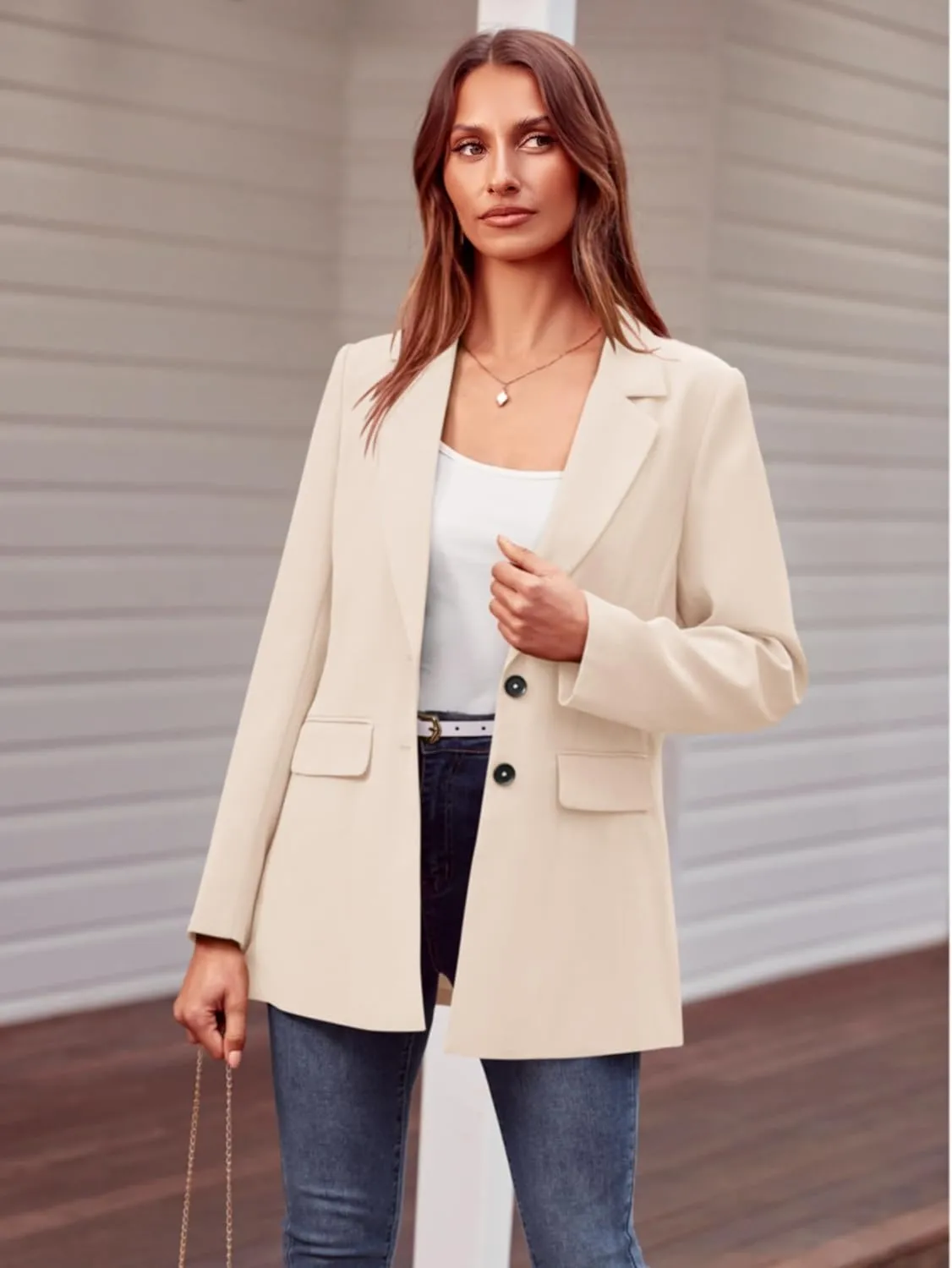 MASCOMODA Casual Blazer Jackets for Women 2024 Fall Long Sleeve Open Front Button Work Office Suit Jacket with Pockets