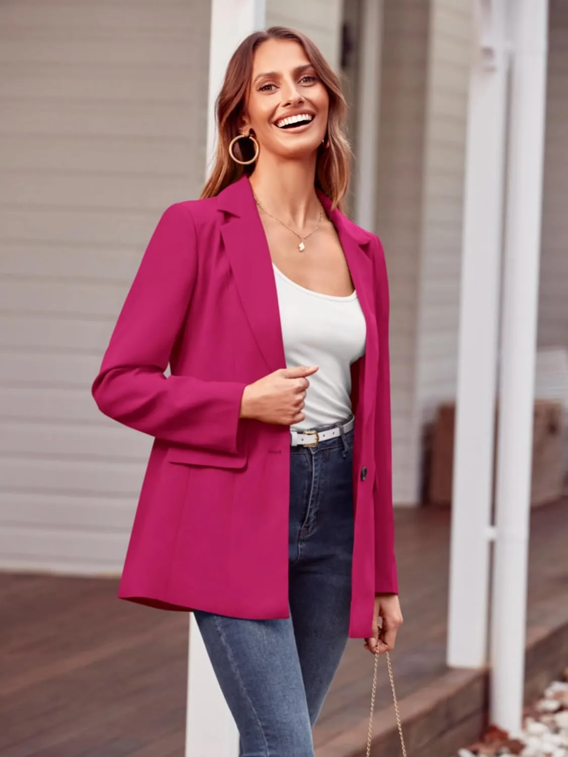 MASCOMODA Casual Blazer Jackets for Women 2024 Fall Long Sleeve Open Front Button Work Office Suit Jacket with Pockets