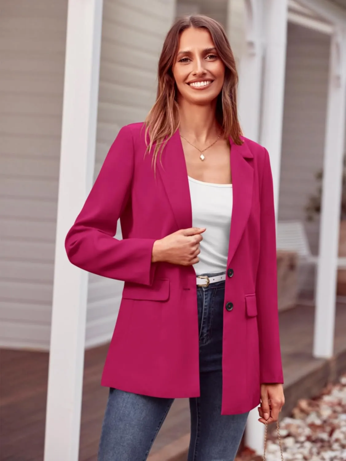 MASCOMODA Casual Blazer Jackets for Women 2024 Fall Long Sleeve Open Front Button Work Office Suit Jacket with Pockets