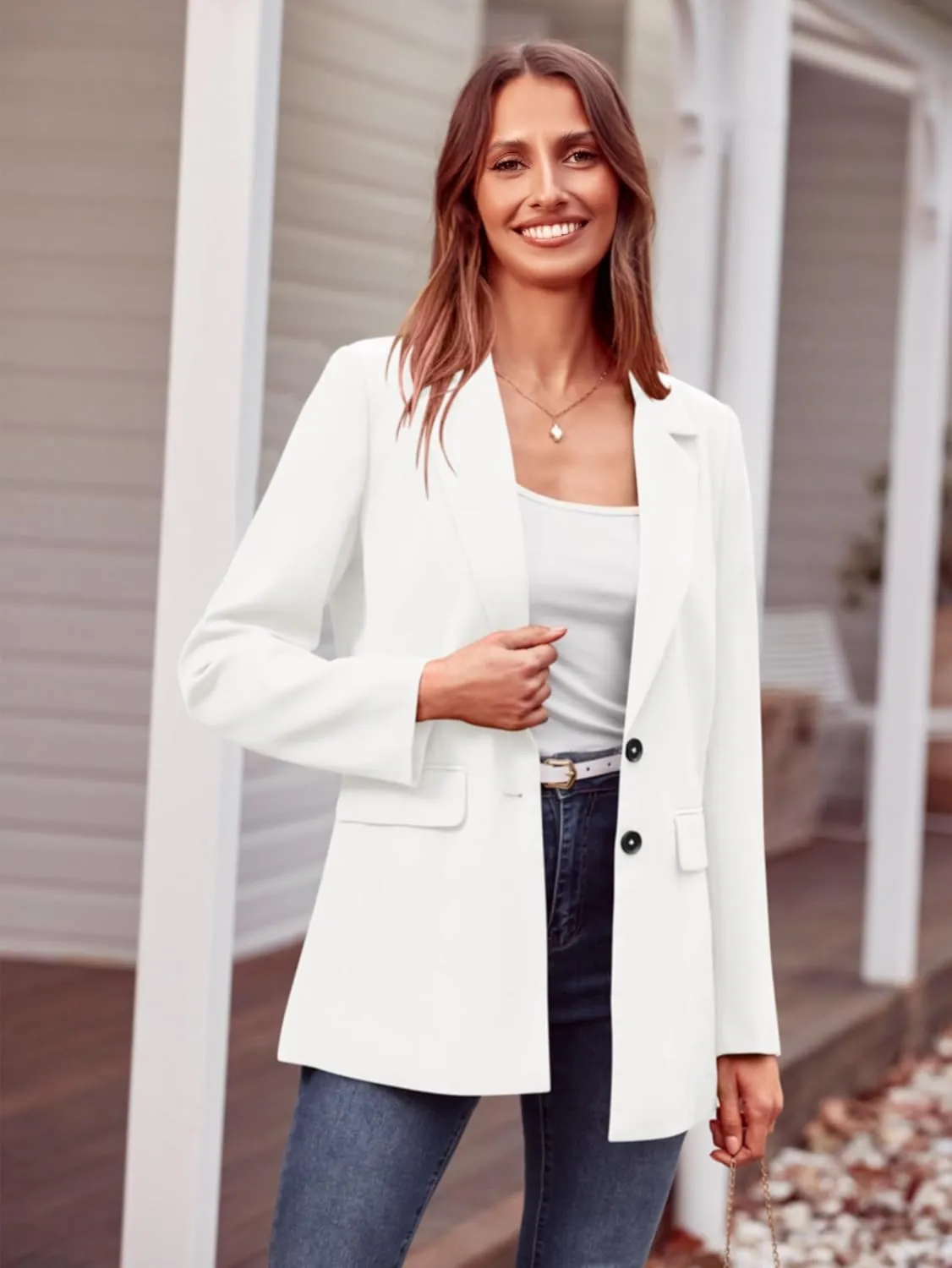 MASCOMODA Casual Blazer Jackets for Women 2024 Fall Long Sleeve Open Front Button Work Office Suit Jacket with Pockets