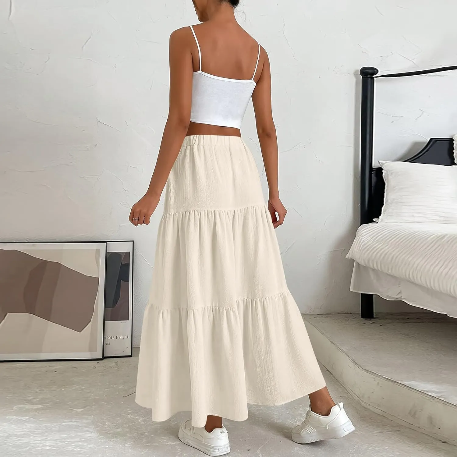 Maxi Skirts for Women Trendy High Waisted Flowy Tiered Linen Skirt Casual Pleated A-Line Beach Long Skirts with Tie