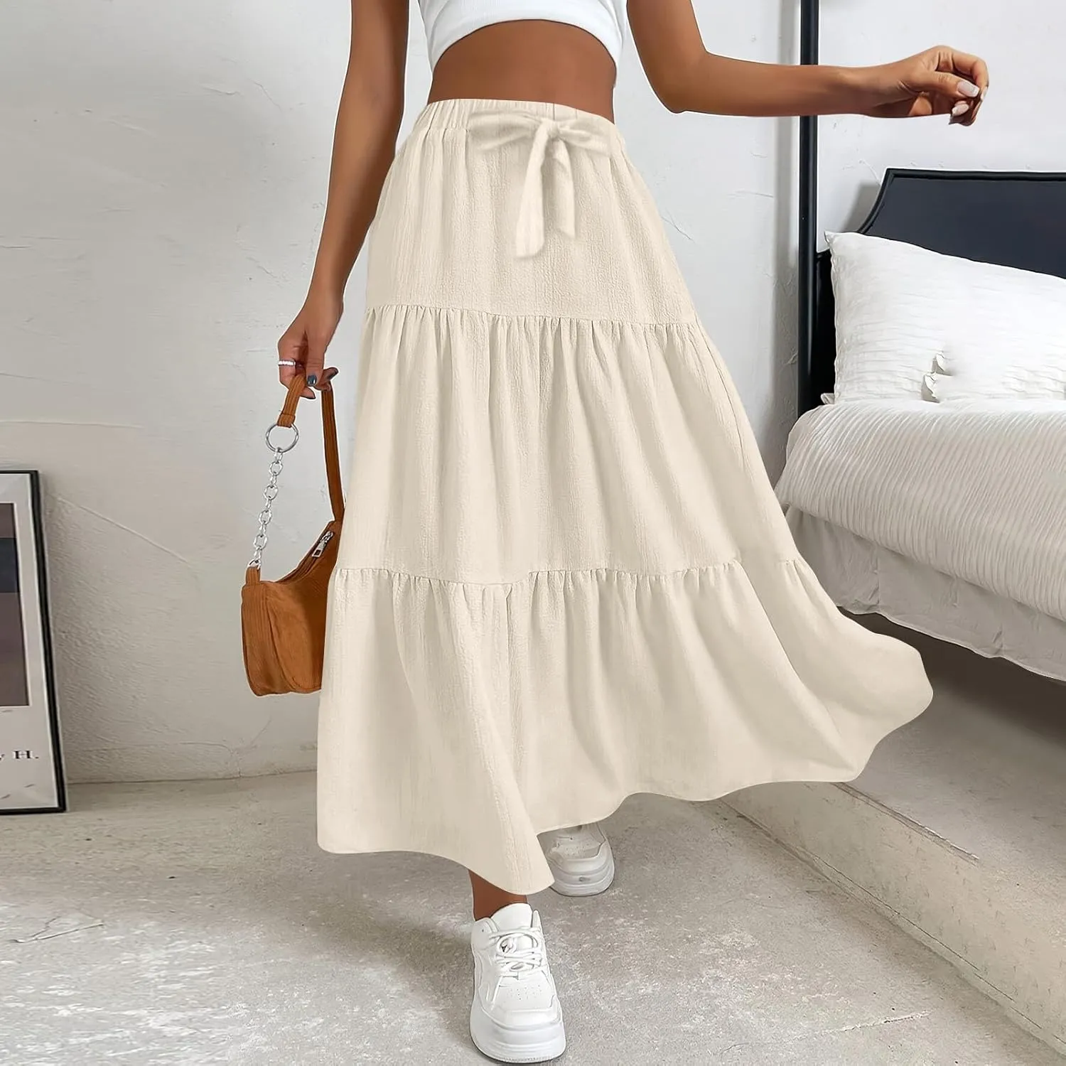 Maxi Skirts for Women Trendy High Waisted Flowy Tiered Linen Skirt Casual Pleated A-Line Beach Long Skirts with Tie