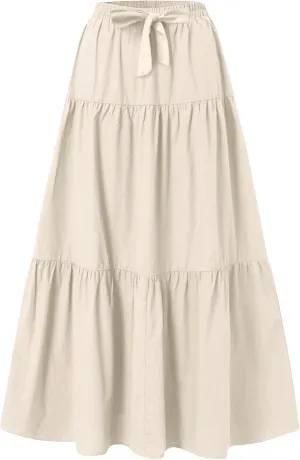 Maxi Skirts for Women Trendy High Waisted Flowy Tiered Linen Skirt Casual Pleated A-Line Beach Long Skirts with Tie